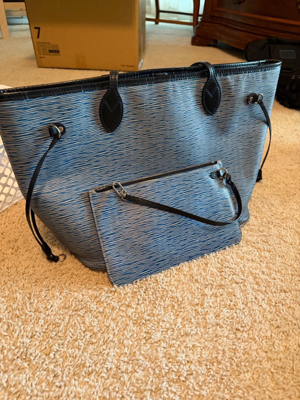 Louis Vuitton Denim Light Striped Neverfull MM Tote with Removable Pouch